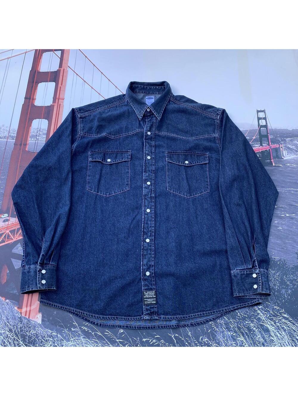 Old Navy Western Pearl Snap Shirt Mens Size Large Blue Denim Long Sleeve Cowboy